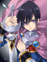 Rule 34 | 1boy, androgynous, black hair, cape, collarbone, earrings, gradient background, hair between eyes, holding, holding cape, holding clothes, holding sword, holding weapon, jewelry, kirimi maguro, leon magnus, light particles, looking at viewer, male focus, pink cape, purple eyes, short hair, single earring, sword, tales of (series), tales of destiny, turtleneck, weapon
