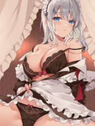 Rule 34 | 1girl, apron, asmr, bare shoulders, black bra, black panties, blue eyes, blush, bow, bow bra, bow panties, bra, breasts, brown bra, brown panties, cleavage, collarbone, curtains, dress, frilled dress, frills, hair between eyes, hair ornament, hairclip, highres, hizuki higure, indoors, lace, lace-trimmed bra, lace-trimmed panties, lace trim, large breasts, lifting own clothes, long hair, looking at viewer, maid, maid apron, maid headdress, navel, off shoulder, official art, open clothes, open dress, open mouth, original, panties, parted lips, sidelocks, silver hair, sitting, solo, spread legs, underwear