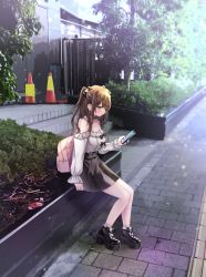 Rule 34 | 1girl, backpack, bag, black nails, breasts, cellphone, cleavage, highres, light particles, masayo (gin no ame), nail polish, original, phone, plant, sidewalk, skirt, socks, sparkle, stairs, sunlight, traffic cone, tree