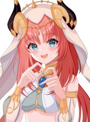 Rule 34 | 1girl, absurdres, blush, breasts, cape, crop top, fake horns, genshin impact, heart, heart hands, highres, horns, jewelry, lilack gg, long hair, long sleeves, looking at viewer, medium breasts, midriff, nilou (genshin impact), puffy sleeves, red hair, smile, solo, veil, white cape