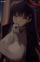 Rule 34 | 1girl, absurdres, artist name, black hair, black jacket, blue archive, blunt bangs, blush, breasts, commentary, english commentary, hair ornament, hairclip, halo, highres, huge breasts, id card, indoors, jacket, kenn artz, long hair, looking at viewer, mouth hold, open clothes, open jacket, paid reward available, red eyes, red halo, ringed eyes, rio (blue archive), shirt, solo, turtleneck, upper body, white shirt