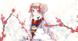 Rule 34 | 1girl, blurry, ceru, depth of field, double bun, japanese clothes, kimono, layered clothes, layered kimono, long hair, looking at viewer, new year, original, purple eyes, silver hair, smile, solo