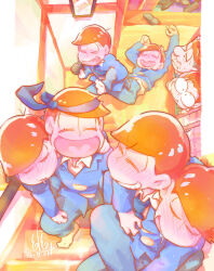 Rule 34 | 1girl, 6+boys, ^ ^, antenna hair, arm around neck, big nose, blue headband, blue pajamas, blue pants, blue sleeves, blunt bangs, blush, brothers, brown hair, buttons, carrying, closed eyes, closed mouth, collared shirt, commentary request, dated, dragging, drooling, facial hair, father and son, full-face blush, green footwear, grin, hand on another&#039;s shoulder, headband, heart, heart in mouth, husband and wife, indoors, long sleeves, lying, male focus, matsuno choromatsu, matsuno ichimatsu, matsuno jyushimatsu, matsuno karamatsu, matsuno matsuyo, matsuno matsuzou, matsuno osomatsu, matsuno todomatsu, mother and son, multiple boys, mustache, on back, osomatsu-san, painting (object), pajamas, pants, piggyback, shirt, shoes, short hair, siblings, signature, smile, socks, squeans, stairs, toes, u u ki u u, unworn shoes, wavy mouth, white socks, white undershirt