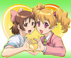 Rule 34 | 00s, 2girls, :d, aoi minamo, blonde hair, brown eyes, brown hair, crossover, eyelashes, fresh precure!, heart, heart hands, heart hands duo, momozono love, multiple girls, oki kanae, open mouth, pink eyes, precure, real drive, school uniform, voice actor connection, short twintails, smile, twintails, ueyama michirou
