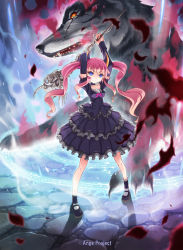 Rule 34 | 10s, 1girl, ange vierge, arms up, blue eyes, detached sleeves, dress, fangs, highres, horns, kankurou, long hair, magic, magic circle, mary janes, monster, original, pink hair, scar, shoes, skull, smile, solo, staff, summoning, twintails, weapon, wolf