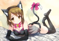 Rule 34 | 10s, 1girl, animal ears, ass, bell, black panties, black thighhighs, breasts, brown eyes, brown hair, camisole, cat ears, cleavage, elbow gloves, emily (pure dream), fake animal ears, gloves, jingle bell, legs up, lying, no shoes, on stomach, pan de peace!, panties, ribbon, short hair, side-tie panties, smile, solo, tail, tani minami, thighhighs, underwear