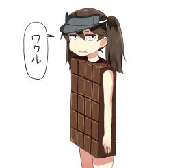 Rule 34 | 10s, 1girl, alternate costume, brown hair, candy, chocolate, chocolate bar, food, food as clothes, jitome, kantai collection, kurono nekomaru, open mouth, ryuujou (kancolle), short hair, simple background, sleeveless, solo, twintails, visor cap, white background