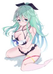 Rule 34 | 1girl, absurdres, adapted costume, barefoot, bikini, black ribbon, breasts, calin, cleavage, frilled bikini, frills, full body, green eyes, green hair, hair between eyes, hair ornament, hair ribbon, hairclip, highres, kantai collection, large breasts, long hair, looking at viewer, official alternate costume, parted bangs, ponytail, ribbon, sidelocks, sitting, solo, swimsuit, wariza, yamakaze (kancolle)