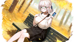 Rule 34 | 1girl, absurdres, between breasts, black choker, black skirt, braid, brand name imitation, breasts, brown bag, can, canned coffee, casual, choker, closed mouth, cross-laced clothes, cross-laced sleeves, dejio, drink can, glasses, green eyes, highres, holding, holding can, hololive, large breasts, light blush, on bench, ribbed sweater, semi-rimless eyewear, shirogane noel, shirogane noel (casual), short hair, silver hair, sitting, skirt, smile, solo, strap between breasts, sweater, virtual youtuber, white sweater