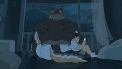 Rule 34 | 2boys, animated, animated gif, artin (boogbogex), back, bara, cellphone, cloud, curtains, dark clouds, dog boy, ear wiggle, furry, furry male, grey pants, haki (boogbogex), highres, indoors, leaning on person, male underwear, mountain, multiple boys, muscular, muscular male, original, pants, phone, rain, shirt, size difference, tail, tail wagging, topless, underwear, white male underwear, white shirt
