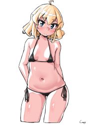 Rule 34 | 1girl, ahoge, bikini, black bikini, blue eyes, blush, character request, closed mouth, commentary, commentary request, copyright request, cowboy shot, cropped legs, dot nose, frown, head tilt, highres, looking at viewer, medium hair, micro bikini, navel, paid reward available, shigekikkusu, side-tie bikini bottom, simple background, solo, split mouth, string bikini, swimsuit, symbol-only commentary, tagme, translation request, tsurime, white background