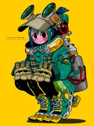 Rule 34 | 1girl, :&gt;, absurdres, alternate skin color, anna (aannnaa3), aqua footwear, asui tsuyu, badge, baggy clothes, black eyes, black outline, blush stickers, bodysuit, bodysuit under clothes, boku no hero academia, boots, cable, character name, check clothing, clothing request, colored skin, commentary request, container, cross-laced footwear, flippers, full body, gauge, gloves, green hair, grey footwear, hands on own knees, hands up, high collar, high heels, highres, lace-up heels, legs together, liquid, long sleeves, looking to the side, mechanical gloves, no pupils, object request, official alternate costume, official alternate hairstyle, outline, pink skin, pocket, science fiction, semi-transparent, shade, shadow, short hair, sidelocks, sideways glance, simple background, single hair ring, solo, split mouth, squatting, sticker, tank (container), text focus, thigh boots, tiptoes, transparent raincoat, tube, updo, valve, visor cap, yellow background, yellow footwear, yellow gloves