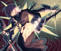 Rule 34 | 1other, ahoge, androgynous, artist name, black robe, blue eyes, crona (soul eater), cuff links, extra arms, grin, highres, holding, holding sword, holding weapon, impaled, pink hair, purple hair, ragnarok (demon sword), reaching, reaching towards viewer, red lips, robe, short hair, smile, solo, soul eater, spikes, stab, sword, taku (aywakutakuay), weapon, white eyes