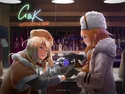 Rule 34 | 2girls, absolut vodka, alcohol, artist request, bar (place), bartender, black gloves, blonde hair, blue eyes, blush, bottle, chinese commentary, counter, drinking, drooling, english text, eye contact, fur hat, girls&#039; frontline, glass, glass bottle, gloves, hat, highres, indoors, jill stingray, looking at another, mod3 (girls&#039; frontline), mosin-nagant (girls&#039; frontline), mosin-nagant (mod3) (girls&#039; frontline), multiple girls, pouring, ppsh-41 (girls&#039; frontline), bar (place), standing, tagme, upper body, ushanka, va-11 hall-a, vodka