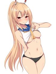 Rule 34 | 1girl, arms behind back, ayanami (azur lane), azur lane, bare shoulders, baretto (karasi07), black panties, blonde hair, blush, breasts, clothes lift, commentary request, cowboy shot, crop top, groin, hair between eyes, headgear, highres, hip focus, lifting own clothes, long hair, looking at viewer, medium breasts, midriff, navel, no bra, no pants, panties, ponytail, red eyes, school uniform, serafuku, shirt lift, simple background, sleeveless, smile, solo, thighs, underboob, underwear, very long hair, white background, yellow neckwear
