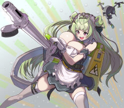 Rule 34 | 1girl, antenna hair, apron, arm garter, barcode, black dress, blush, breast press, breasts, breasts apart, cleavage, commentary, double bun, dress, drone, feet out of frame, frills, gloves, goddess of victory: nikke, gradient background, green hair, green necktie, grey background, gun, hair bun, hair intakes, holding, holding gun, holding weapon, large breasts, legs apart, long hair, maid, maid apron, maid headdress, necktie, open mouth, pink eyes, science fiction, short dress, sleeveless, sleeveless dress, smile, soda (nikke), solo, standing, syope, thighhighs, very long hair, weapon, wet floor sign, white gloves, white thighhighs, zettai ryouiki