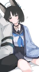 Rule 34 | 1girl, 1other, animal ears, black eyes, black hair, black sailor collar, black skirt, blue archive, blue halo, blue neckerchief, cat ears, cat tail, halo, haori, heart, highres, japanese clothes, kikyou (blue archive), mikozin, motion lines, multiple tails, neckerchief, pleated skirt, sailor collar, school uniform, serafuku, short hair, simple background, skirt, tail, two tails, white background
