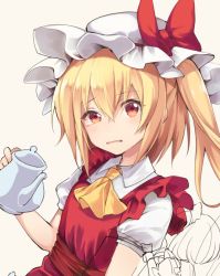 Rule 34 | 2girls, alternate costume, ascot, blonde hair, collared shirt, commentary request, enmaided, eyelashes, flandre scarlet, hair between eyes, hair ribbon, hat, holding, holding teapot, konpaku youmu, maid, maid headdress, mob cap, multiple girls, one eye closed, puffy short sleeves, puffy sleeves, red eyes, red ribbon, red sash, red vest, ribbon, sash, shirt, short sleeves, sketch, teapot, touhou, uneven eyes, unfinished, vest, white shirt, wing collar, wrist cuffs, yellow ascot, yuki (popopo)