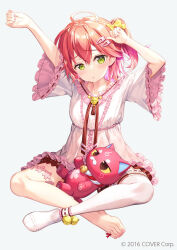 Rule 34 | 1girl, 35p (sakura miko), ahoge, alternate costume, ankle strap, arms up, barefoot, bell, blush, bow, breasts, cherry blossoms, collarbone, commentary request, copyright name, copyright notice, dress, eyelashes, feet, frilled dress, frilled sleeves, frills, fujima takuya, full body, green eyes, grey background, hair between eyes, hair bow, hair ornament, hairclip, hololive, indian style, jingle bell, looking at viewer, medium breasts, medium hair, nail polish, neck ribbon, no shoes, on ground, one side up, pink hair, red ribbon, ribbon, sakura miko, short dress, side ponytail, simple background, single thighhigh, sitting, solo, stretching, thigh strap, thighhighs, toenail polish, toenails, toes, virtual youtuber, white dress, white thighhighs, wide sleeves