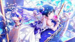 Rule 34 | 1girl, alternate hairstyle, angel of eden (love live!), angel wings, ankle cuffs, apple, artist name, artist request, back bow, bare legs, bare shoulders, blue bow, blue flower, blue footwear, blue hair, blue wrist cuffs, blush, bow, braid, breasts, crown braid, crystal hair ornament, double bun, dress, female focus, flower, food, frilled dress, frills, from behind, fruit, full body, hair bun, hair flower, hair ornament, hair ribbon, high heels, holding, holding food, legs together, legs up, looking at viewer, looking back, love live!, love live! school idol festival, love live! school idol festival all stars, love live! sunshine!!, miniskirt, parted lips, pink eyes, pink flower, plaid, plaid dress, plaid skirt, pleated, pleated dress, pleated skirt, purple eyes, ribbon, ribbon-trimmed legwear, ribbon trim, short hair, short sleeves, skirt, sleeveless, sleeveless dress, smile, solo, strapless, strapless dress, striped, striped bow, tsushima yoshiko, white detached collar, white dress, white flower, white ribbon, white skirt, white wings, white wrist cuffs, wings, wrist cuffs