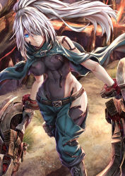 Rule 34 | 10s, 1girl, bare shoulders, blue eyes, breasts, covered navel, curvy, god eater, god eater 3, highres, large breasts, long hair, looking at viewer, medium breasts, ponytail, protagonist (god eater), silver hair, solo, standing, tagme, weapon, wide hips