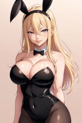Rule 34 | ai-generated, animal costume, animegirl, breasts, cleavage, fairy tail, highres, large breasts, navel, rabbit costume, rabbit ears, selene (fairy tail)