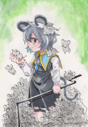 Rule 34 | 1girl, animal, animal ears, blue capelet, blush, breasts, capelet, closed mouth, commentary request, crystal, dowsing rod, dress, feet out of frame, grey dress, grey hair, highres, holding, holding animal, inuyama konan, jewelry, long sleeves, looking at viewer, looking to the side, mouse (animal), mouse ears, mouse girl, mouse tail, nazrin, pendant, red eyes, shirt, short hair, sleeveless, sleeveless dress, small breasts, smile, solo, tail, too many, too many mice, touhou, traditional media, white shirt