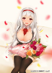 Rule 34 | 1girl, albino, anna (sennen sensou aigis), black dress, black thighhighs, blush, bouquet, breasts, cleavage, dress, female focus, flower, hair ribbon, huge breasts, large breasts, long hair, long sleeves, looking at viewer, open mouth, petals, red eyes, ribbon, sennen sensou aigis, shirt, silver hair, sitting, smile, solo, textless version, thighhighs, thighs, yaman (yamanta lov)