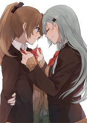 Rule 34 | 10s, 2girls, adjusting bow, aqua eyes, arms behind back, blazer, blue eyes, blush, bow, bowtie, brown hair, closed eyes, closed mouth, collared shirt, commentary request, couple, female focus, forehead-to-forehead, grey hair, grin, hair between eyes, hair ornament, hairclip, heads together, high ponytail, highres, hita (hitapita), jacket, kantai collection, kumano (kancolle), long hair, looking at another, multiple girls, ponytail, red bow, red bowtie, remodel (kantai collection), school uniform, shirt, simple background, smile, standing, suzuya (kancolle), sweater vest, upper body, white background, yuri