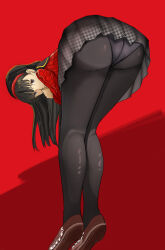 Rule 34 | 1girl, absurdres, amagi yukiko, artist request, ass, bare shoulders, bent over, black hair, blush, brown eyes, come hither, from behind, highres, long hair, looking at viewer, panties, panties under pantyhose, pantyhose, persona, persona 4, red background, school uniform, shoes, simple background, skirt, smile, solo, underwear, upskirt