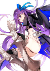 Rule 34 | 10s, 1girl, armor, blue eyes, fate/extra, fate/extra ccc, fate (series), from below, hair between eyes, hair ribbon, highres, long hair, meltryllis (fate), purple hair, revealing clothes, ribbon, simple background, thighhighs, very long hair, very long sleeves, white background, yukihiko (tyabobo)