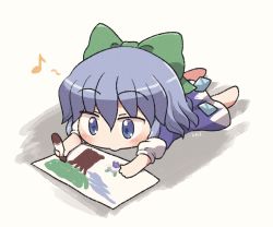Rule 34 | 1girl, barefoot, blue dress, blue eyes, blue hair, blush, bow, child, child&#039;s drawing, cirno, crayon, detached wings, dress, eighth note, fairy, green bow, hair between eyes, hair bow, holding, holding crayon, ice, ice wings, musical note, puffy short sleeves, puffy sleeves, rokugou daisuke, shirt, short hair, short sleeves, signature, solo, touhou, white shirt, wings