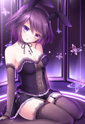Rule 34 | 1girl, :q, animal ears, bare shoulders, black hair, black thighhighs, breasts, bug, butterfly, choker, cleavage, corset, cross, cross necklace, detached sleeves, fake animal ears, fishnet thighhighs, fishnets, garter straps, heterochromia, highres, insect, jewelry, legs together, looking at viewer, medium breasts, necklace, original, pink eyes, purple eyes, rabbit ears, shitou, sitting, solo, thighhighs, tongue, tongue out, zettai ryouiki