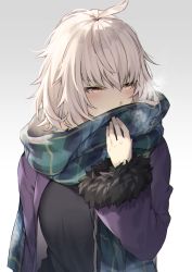 Rule 34 | 1girl, alternate costume, breasts, coat, commentary request, fate/grand order, fate (series), fur collar, fur trim, gradient background, grey background, highres, itohana, jeanne d&#039;arc (fate), jeanne d&#039;arc alter (avenger) (fate), jeanne d&#039;arc alter (fate), large breasts, plaid, plaid scarf, scarf, short hair, silver hair, solo, steaming body, tsurime, winter clothes, winter coat, yellow eyes