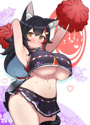 Rule 34 | 1girl, animal ear fluff, animal ears, armpits, arms up, black hair, black skirt, blush, breasts, brown eyes, cheerleader, cowboy shot, crop top, heart, highres, hololive, kani bonara, large breasts, long hair, looking at viewer, microskirt, multicolored hair, navel, ookami mio, pleated skirt, pom pom (cheerleading), red hair, skirt, smile, solo, stomach, streaked hair, tail, tail around own leg, underboob, virtual youtuber, wolf ears, wolf girl, wolf tail