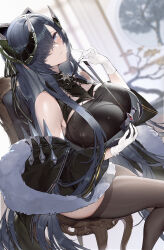 Rule 34 | 1girl, absurdres, august von parseval (azur lane), azur lane, bare shoulders, black dress, blue eyes, blush, breasts, brown thighhighs, calder, curled horns, dress, feather boa, gloves, grey hair, hair ribbon, highres, horns, huge breasts, long hair, looking at viewer, mechanical horns, ribbon, sitting, solo, thighhighs, thighs, white gloves