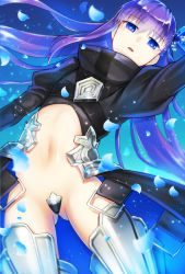 Rule 34 | 10s, 1girl, armor, armored boots, black jacket, blue bow, blue eyes, blue hair, boots, bow, cropped jacket, crotch plate, fate/extra, fate/extra ccc, fate/grand order, fate (series), gradient eyes, gradient hair, greaves, hair between eyes, hair bow, high collar, jacket, knee boots, light particles, long hair, long sleeves, looking at viewer, meltryllis (fate), multicolored eyes, multicolored hair, navel, open clothes, open mouth, parted lips, petals, puffy long sleeves, puffy sleeves, purple eyes, purple hair, raito (latek), solo, very long hair