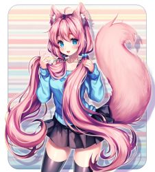 Rule 34 | 1girl, :d, ahoge, animal ear fluff, animal ears, bare shoulders, blue eyes, blush, borrowed character, cat ears, chiye (hyanna natsu), cowboy shot, dog ears, dog tail, fluffy, hair between eyes, long hair, open mouth, original, pink hair, pleated skirt, sasucchi95, skirt, smile, solo, sweater, tail, thighhighs, twintails, very long hair