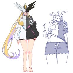 Rule 34 | 1girl, alternate costume, anklet, asymmetrical mask, black jacket, black shirt, black shorts, blonde hair, braid, breasts, closed mouth, clothes lift, commentary request, covered eyes, digimon, digimon (creature), fang, fang out, full body, gerusyu, groin, helmet, helmet over eyes, high ponytail, highres, jacket, jewelry, large breasts, lifting own clothes, long hair, loungewear, mask, mastemon, midriff, multicolored clothes, multicolored jacket, navel, off shoulder, partially unzipped, shirt, shirt lift, shorts, side braid, sidelocks, simple background, smile, split-color clothes, standing, t-shirt, two-tone jacket, two-tone shirt, white background, white jacket, white shirt, winged helmet, zipper, zipper pull tab