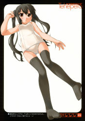 Rule 34 | 00s, 1girl, absurdres, bakutendou, black hair, black thighhighs, blush, brown eyes, highres, k-on!, long hair, lying, nakano azusa, one-piece swimsuit, open mouth, school swimsuit, socks, solo, swimsuit, tehepero, thighhighs, twintails, white one-piece swimsuit, white school swimsuit