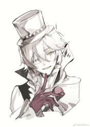 Rule 34 | 1boy, belt collar, black cape, black choker, black vest, bungou stray dogs, cape, card, chinese commentary, choker, collar, collared cape, commentary request, cui (jidanhaidaitang), fangs, finger to own chin, frilled sleeves, frills, gloves, green eyes, hat, high collar, highres, long sleeves, male focus, nikolai gogol (bungou stray dogs), one-eyed, open mouth, playing card, purple gloves, scar, scar across eye, shirt, short hair, simple background, sleeves past wrists, smile, solo, top hat, two-sided cape, two-sided fabric, upper body, vest, watermark, weibo logo, weibo watermark, white background, white cape, white hair, white hat, white shirt