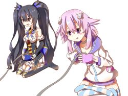 Rule 34 | bare shoulders, black hair, breasts, choker, cleavage, collar, controller, dress, game controller, hair ornament, hairclip, highres, hood, hoodie, jacket, kuromazin19, leggings, long hair, medium breasts, neptune (neptunia), neptune (series), noire (neptunia), open mouth, parka, purple eyes, purple hair, red eyes, ribbon, short hair, skirt, small breasts, smile, thighs, tongue, tsundere, twintails, wire