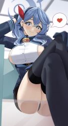 Rule 34 | 1girl, absurdres, ako (blue archive), bell, black gloves, black thighhighs, blue archive, blue eyes, blue hair, blush, breasts, buttons, closed mouth, gloves, haerge, hair between eyes, heart, highres, large breasts, long hair, long sleeves, looking at viewer, neck bell, sideboob, smile, solo, spoken heart, thighhighs