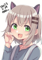 Rule 34 | 1girl, :d, absurdres, animal ears, ao (flowerclasse), blush, brown hair, cat ears, commentary request, dated, fang, green eyes, grey shirt, hair between eyes, hair ornament, hairclip, hand up, highres, long sleeves, looking at viewer, open mouth, paw pose, shirt, simple background, smile, solo, sweat, translation request, white background, yama no susume, yukimura aoi