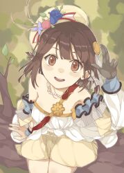 Rule 34 | 1girl, atelier (series), atelier sophie, bare shoulders, beret, blue flower, brown eyes, brown hair, flower, gloves, grey gloves, hair ornament, hand up, hat, hat flower, highres, jewelry, leaf, log, long sleeves, necklace, open mouth, pearl necklace, shirt, short hair, shorts, single glove, single sleeve, sitting, sitting on log, smile, solo, sophie neuenmuller, teeth, upper teeth only, virno, white shirt, yellow hat, yellow shorts