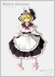 Rule 34 | 1girl, absurdres, apron, black headwear, black skirt, black vest, blonde hair, blouse, blush, bobby socks, border, cape, closed mouth, clothes lift, commentary request, frilled apron, frilled hairband, frilled skirt, frills, full body, grey border, hairband, happy, hat, highres, hoshiringo0902, kirisame marisa, lips, long sleeves, looking at viewer, medium hair, perfect cherry blossom, shirt, simple background, skirt, skirt hold, skirt lift, smile, socks, solo, standing, touhou, vest, white apron, white background, white cape, white footwear, white shirt, white socks, witch, witch hat, yellow eyes
