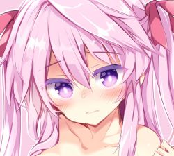 Rule 34 | 1girl, alternate hairstyle, bare shoulders, blush, collarbone, colored eyelashes, commentary request, hair between eyes, hair ribbon, hand up, hata no kokoro, head tilt, long hair, looking at viewer, maturiuta sorato, outline, pink background, pink hair, pink ribbon, portrait, purple eyes, ribbon, sidelocks, solo, touhou, two side up, white outline