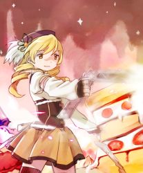 Rule 34 | 10s, 1girl, bad id, bad pixiv id, beret, black thighhighs, blonde hair, breasts, cake, corset, drill hair, fingerless gloves, food, gloves, gun, hair ornament, hat, magical girl, magical musket, mahou shoujo madoka magica, mahou shoujo madoka magica (anime), medium breasts, motion blur, skirt, solo, thighhighs, tomoe mami, twin drills, twintails, weapon, witch&#039;s labyrinth, yellow eyes, yoplait