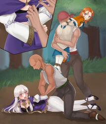 Rule 34 | 2boys, 2girls, :d, absurdres, angry, annette fantine dominic, ass, bdsm, black footwear, blue footwear, blush, bondage, bound, carrying, cloth gag, clothes pull, dress, dress pull, fire emblem, fire emblem: three houses, forest, gag, gagged, hazuki (nyorosuke), high heels, highres, improvised gag, long hair, long sleeves, looking back, lying, lysithea von ordelia, multiple boys, multiple girls, nature, nintendo, open mouth, outdoors, pantyhose, pink eyes, purple dress, rope, shibari, smile, tied up (nonsexual), white hair, white pantyhose