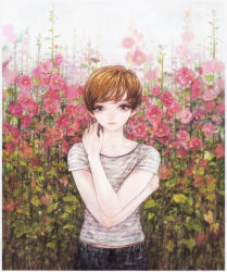 Rule 34 | 1girl, amber tobi, brown hair, flower, lips, looking at viewer, original, shirt, short hair, solo, standing, staring, striped clothes, striped shirt